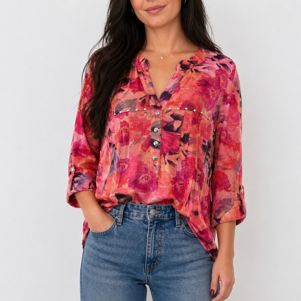 Cocomo Y2K Studded Floral Top 1X Plus Boho Roll Tab Stretchy Abstract Pleated